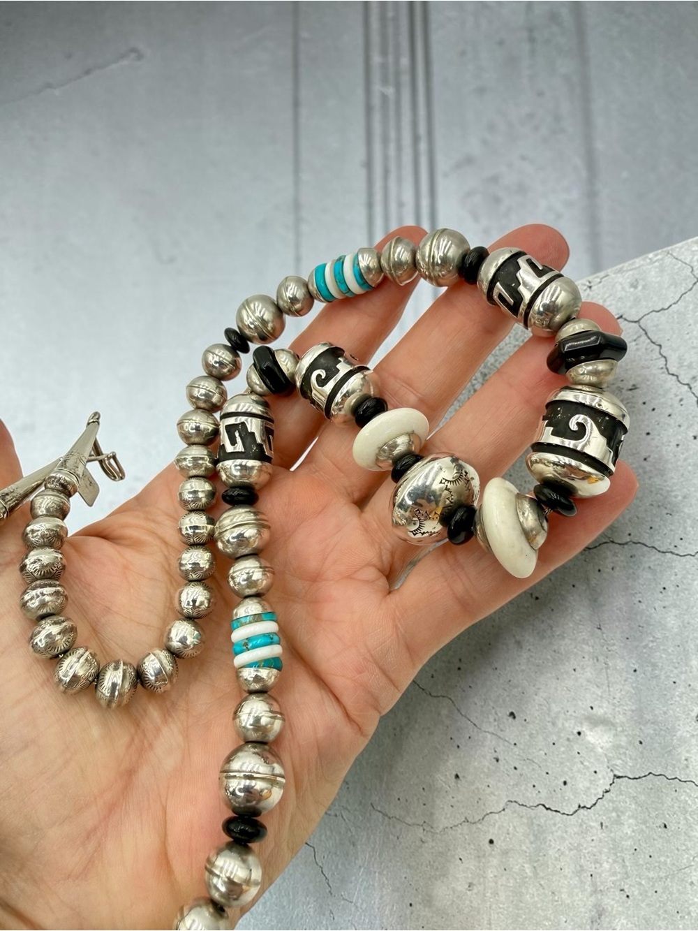 Thomas Singer Navajo Sterling Silver Turquoise Onyx MOP Bead Necklace 24” 74gram - Picture 7 of 17